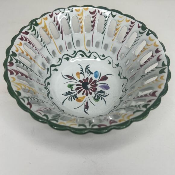 Vtg Horchow Collection Hand Painted Portugal Reticulated Bowl Pierced Faience - Picture 1 of 9